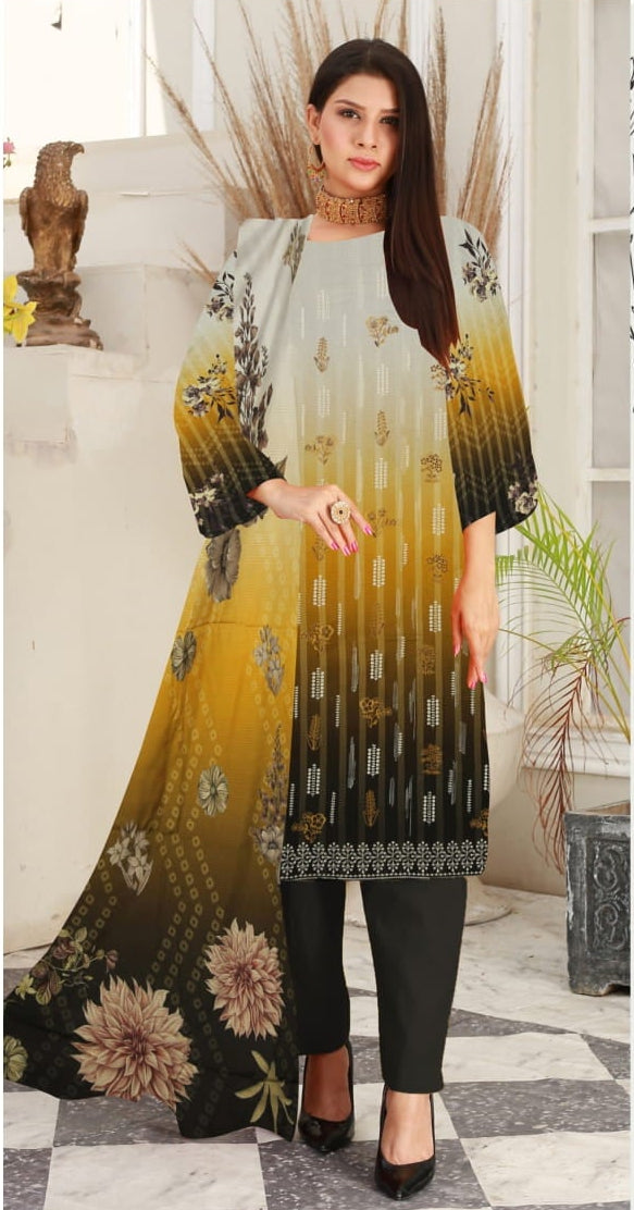 Woman wearing a floral dress with a gradient effect in a decorated indoor setting