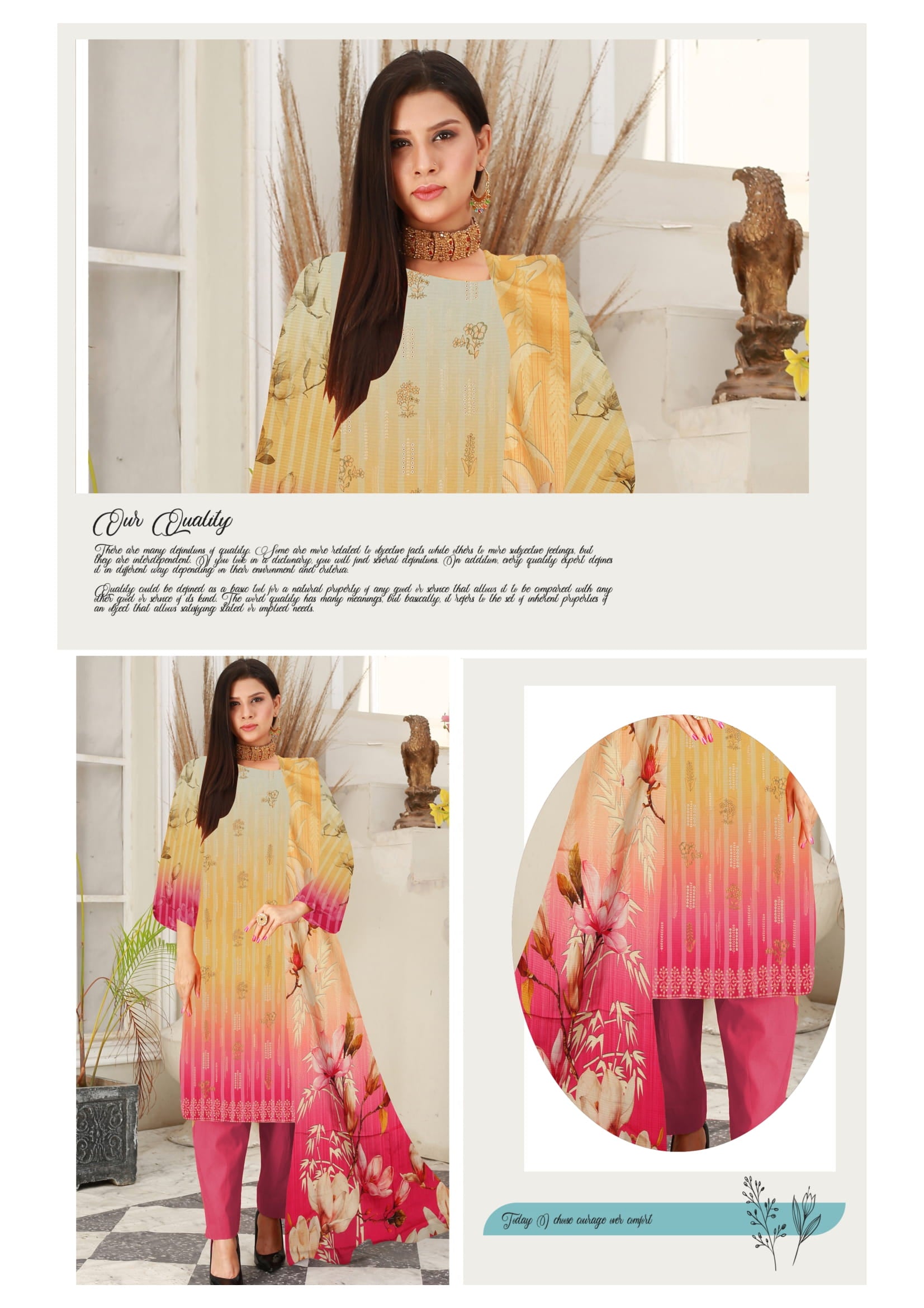 Woman wearing a colorful outfit with a gradient design, sitting on a couch.