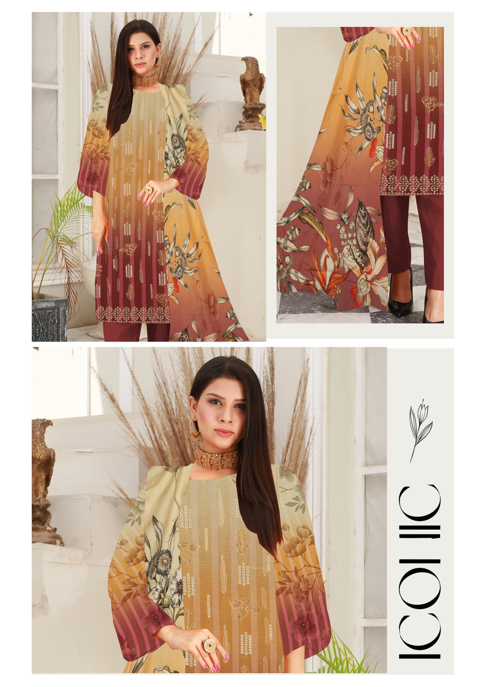 Woman wearing a floral dress with a white background, featuring the brand 'ICOL'.