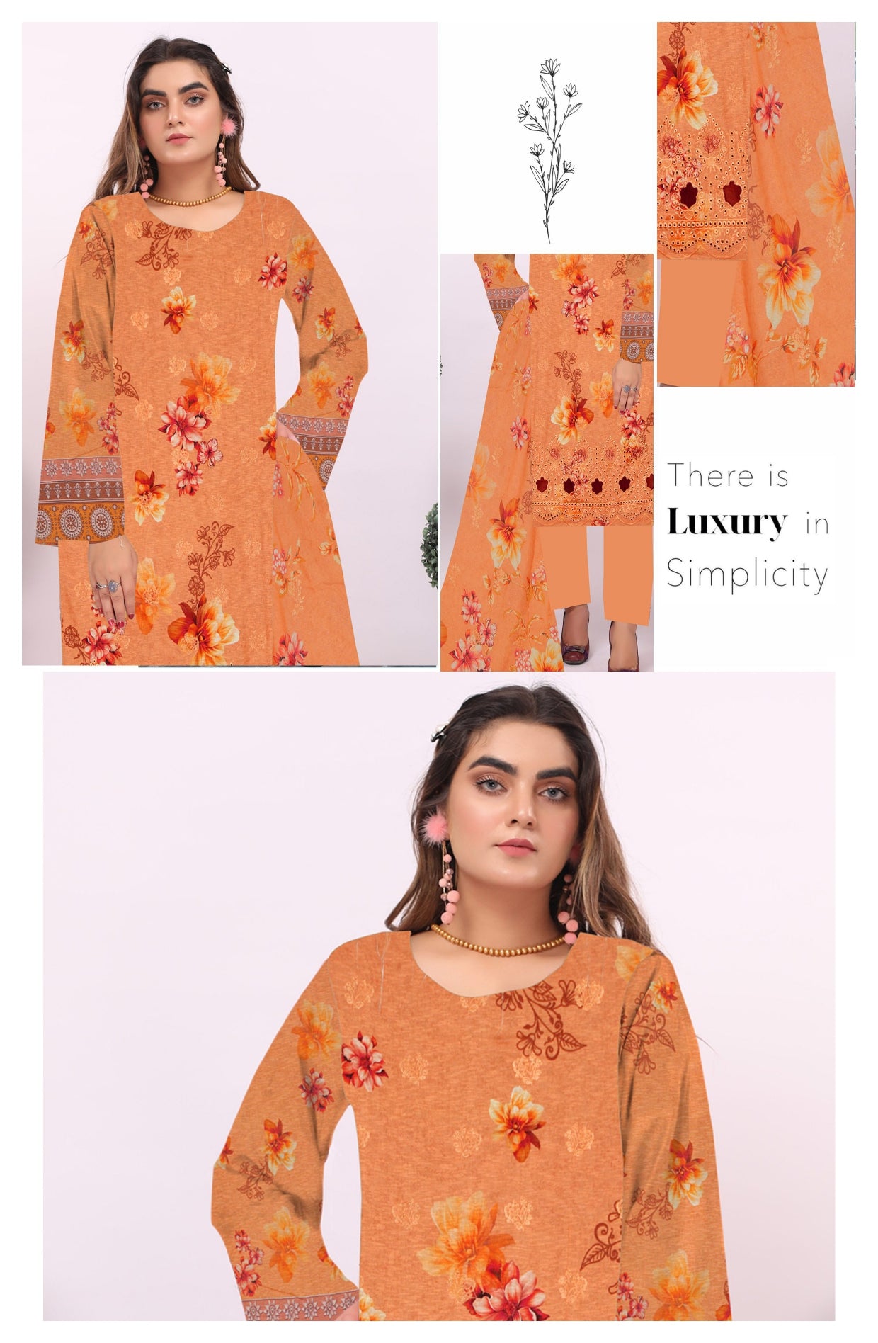 Orange floral embroidered dress with a model wearing it, on a white background.