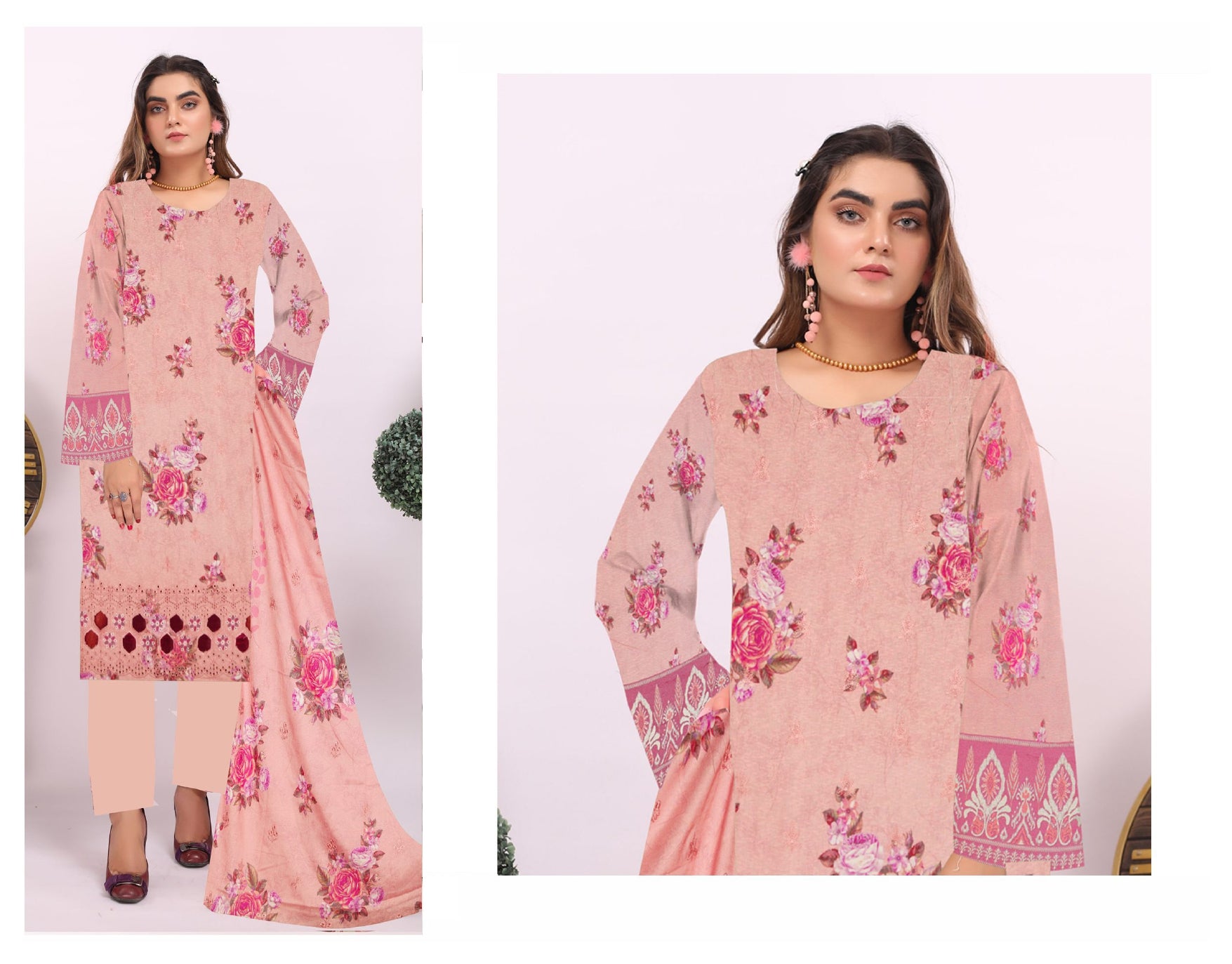 Pink embroidered outfit with matching dupatta on a white background