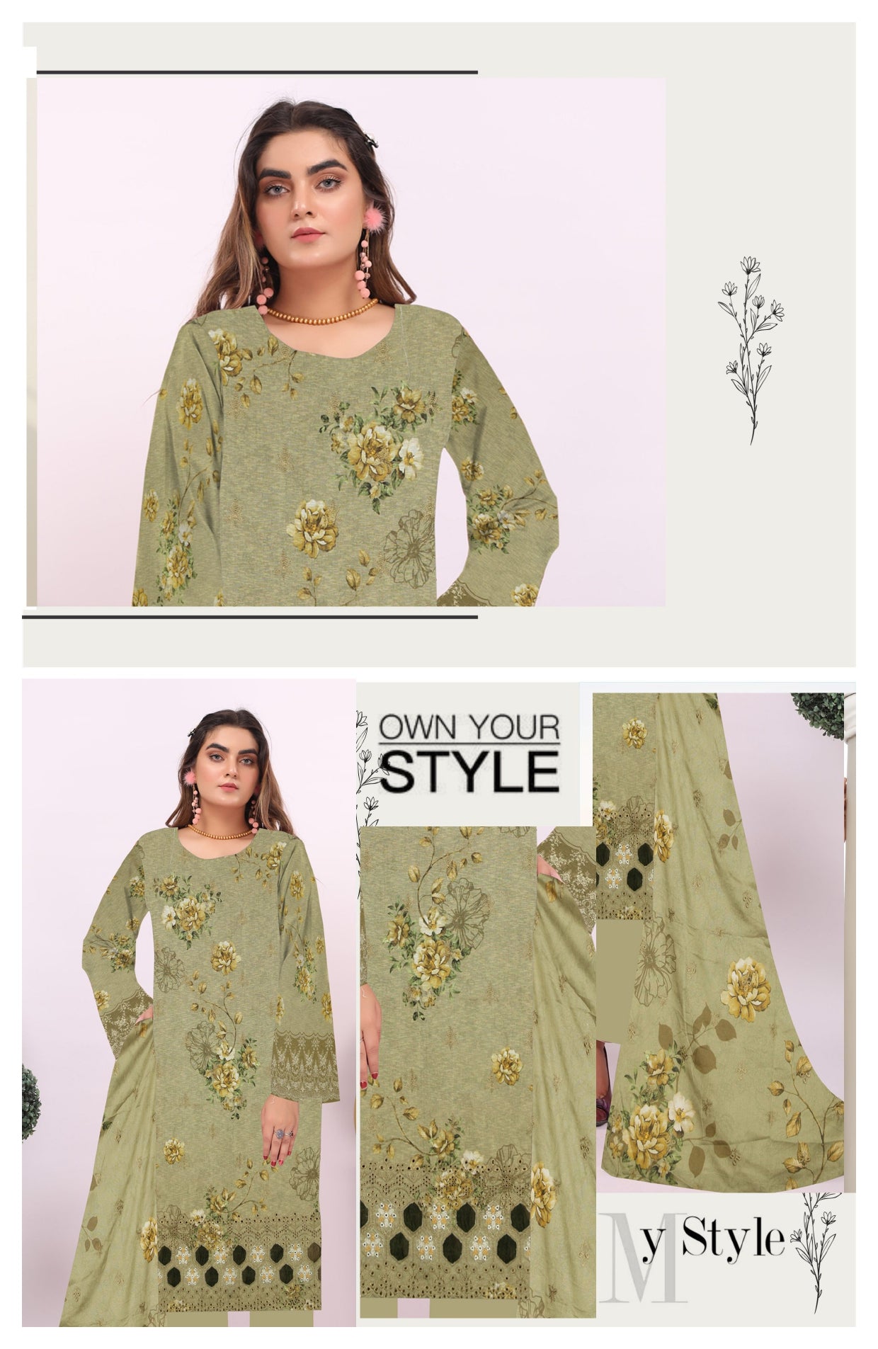 Green embroidered dress with floral patterns on a white background