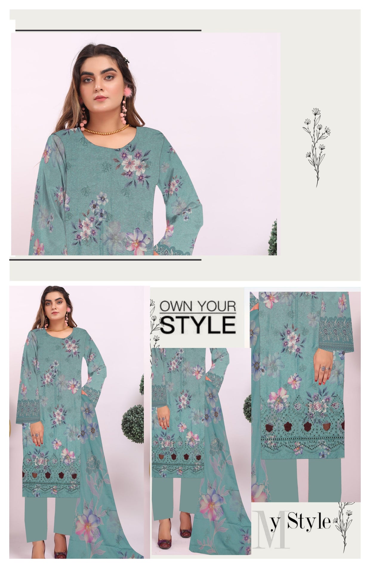 Teal dress with floral patterns on a white background, featuring a model and multiple angles.